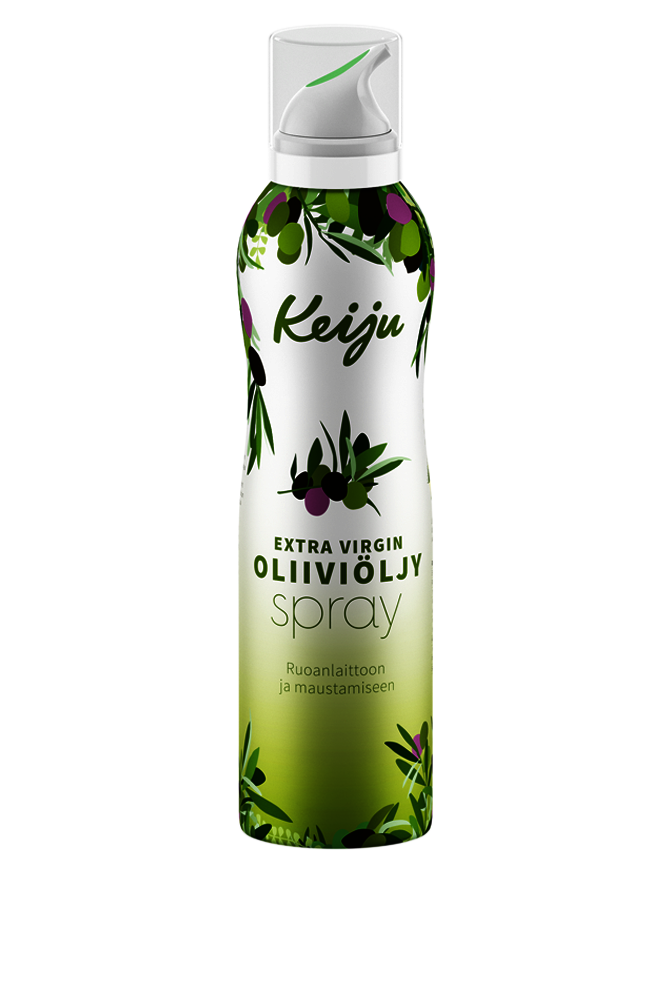 Keiju kylmäpuristettu extra virgin oliiviöljyspray sopii erinomaisesti ruoan maustamiseen