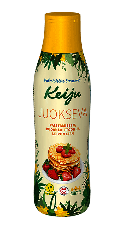Keiju Juokseva rypsiöljyvalmiste on helppokäyttöinen tuote paistamiseen, leivontaan ja ruoanlaittoon