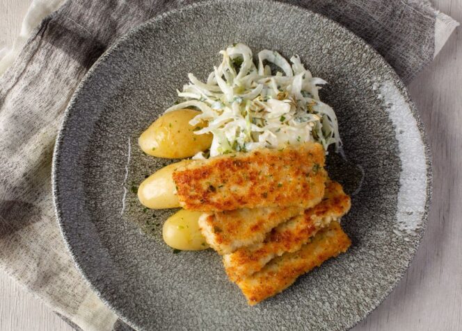 Sitruuna-basilikaöljyssä paistettu kuha ja fenkolijogurttisalaatti